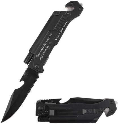 Avelena | Graviertes Jagdmesser, Ich liebe dich mehr, Taschenmesser für Männer mit 6 Funktionen, LED-Licht, Feuerstarter, Flaschenöffner, Gürtelmesser, Glasbrecher, Herren Taschenmesser