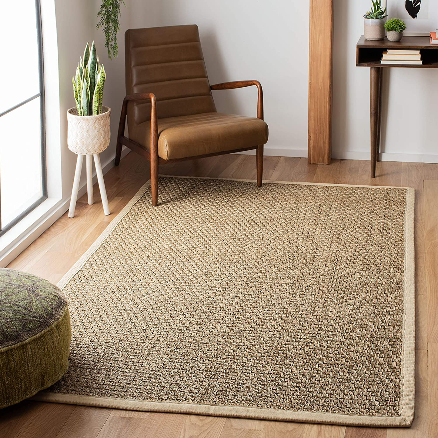 Avelena | Safavieh Naturfaser-Kollektion NF114J Border Korbgewebe Seegras Teppich, 4' x 4' Quadrat, Elfenbein