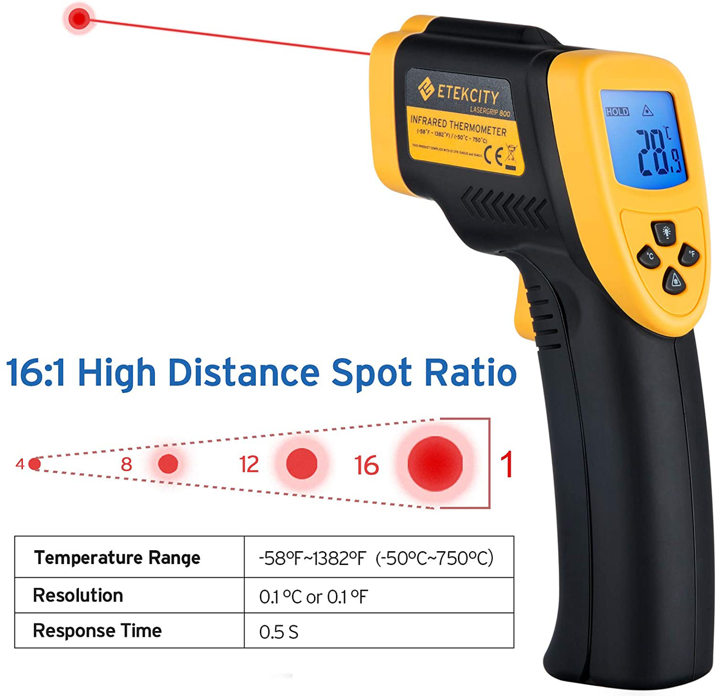 Avelena | Etekcity Infrarotthermometer 800 (Nicht Für Menschen) Kontaktloser Digitaler Temperaturpistole, 16:1 Dts Verhältnis, 58℉ Bis 1382℉ (-50℃ Bis 750℃), Gelb Und Schwarz