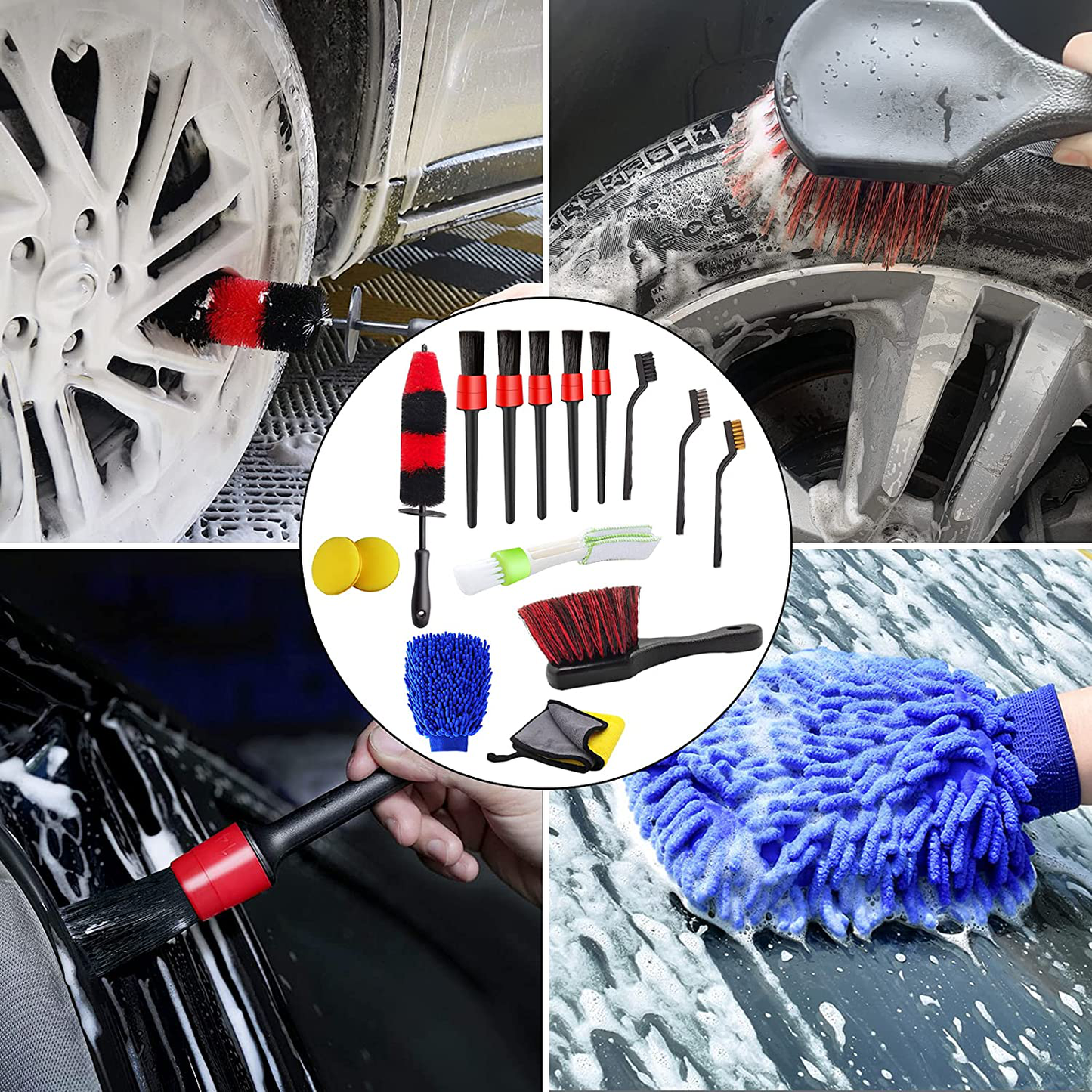 Avelena | Jaronx 15 PCS Auto Rad- & Reifenbürsten Set, 17 Zoll langer Griff Felgenbürste, kurzgriffige Radbürste, Detailbürsten, Waschhandschuhe, Lüftungsstaubbürste, Wachsapplikator-Pads, Waschlappen, Waschbürsten