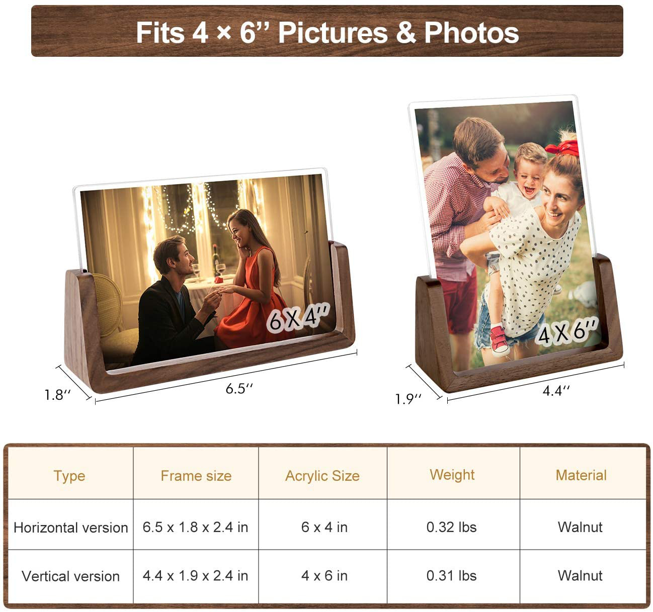 Avelena | Mixoo Bilderhalter 2Er-Pack - Rustikale Holzbildhalter Mit Walnussbasis Und Hochauflösenden Bruchsicheren Acrylglasabdeckungen Für Tisch- Oder Desktopansicht (4X6 Zoll, Horizontal + Vertikal)