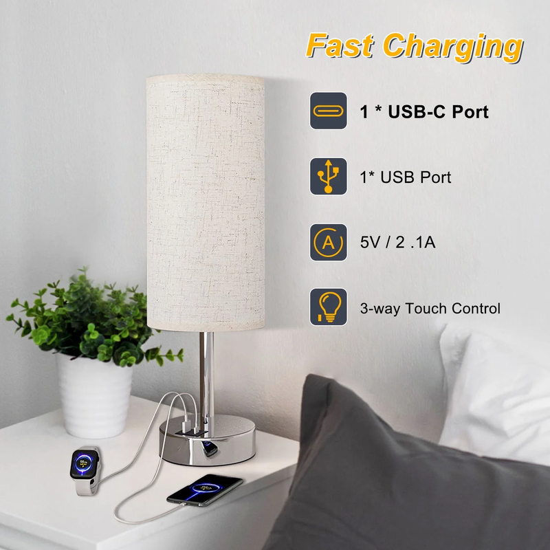 Avelena | 3 Wege Dimmbar Touchlampe, Usb C&A Schnellladeanschlüsse