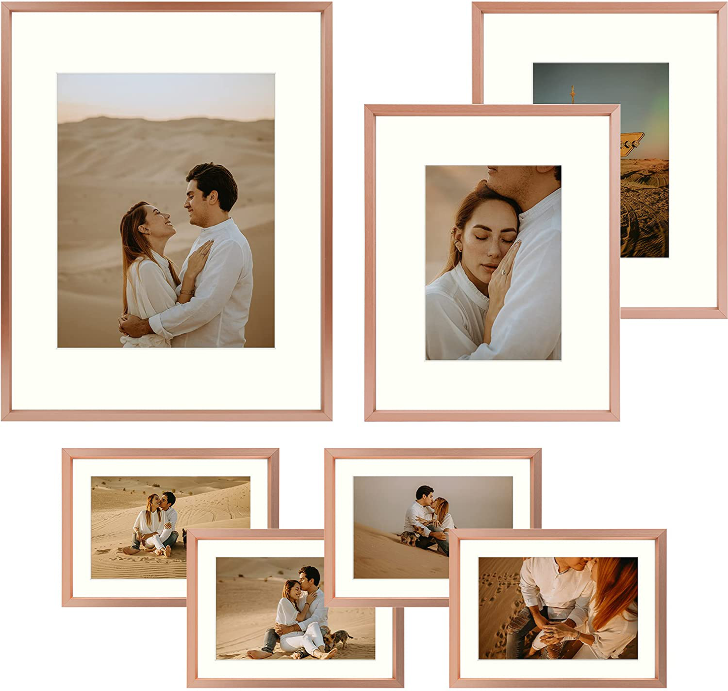 Avelena | Frametory, Aluminium Bilderrahmen Set Von 7 - Rose Gold Galerie Wandkit - Zeigt Ein 11X14, Zwei 8X10 Und Vier 5X7 Zoll Bilder Für Wohnkultur