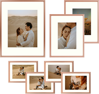 Avelena | Frametory, Aluminium Bilderrahmen Set Von 7 - Rose Gold Galerie Wandkit - Zeigt Ein 11X14, Zwei 8X10 Und Vier 5X7 Zoll Bilder Für Wohnkultur