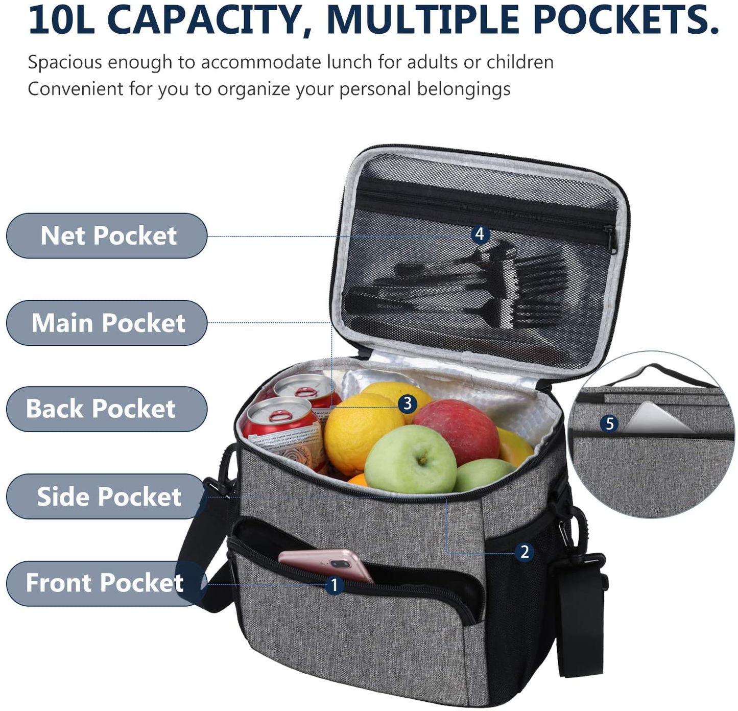 Avelena | Auslaufsicherer Lunchbag Für Männer Frauen Lunchkühler Tasche Isolierte Lunchbox Organizer Große Lunchbeutel Mit Verstellbarem Schulterriemen Erwachsene Wiederverwendbare Lunchbag Arbeit Picknick (Grau), Von Gloppie
