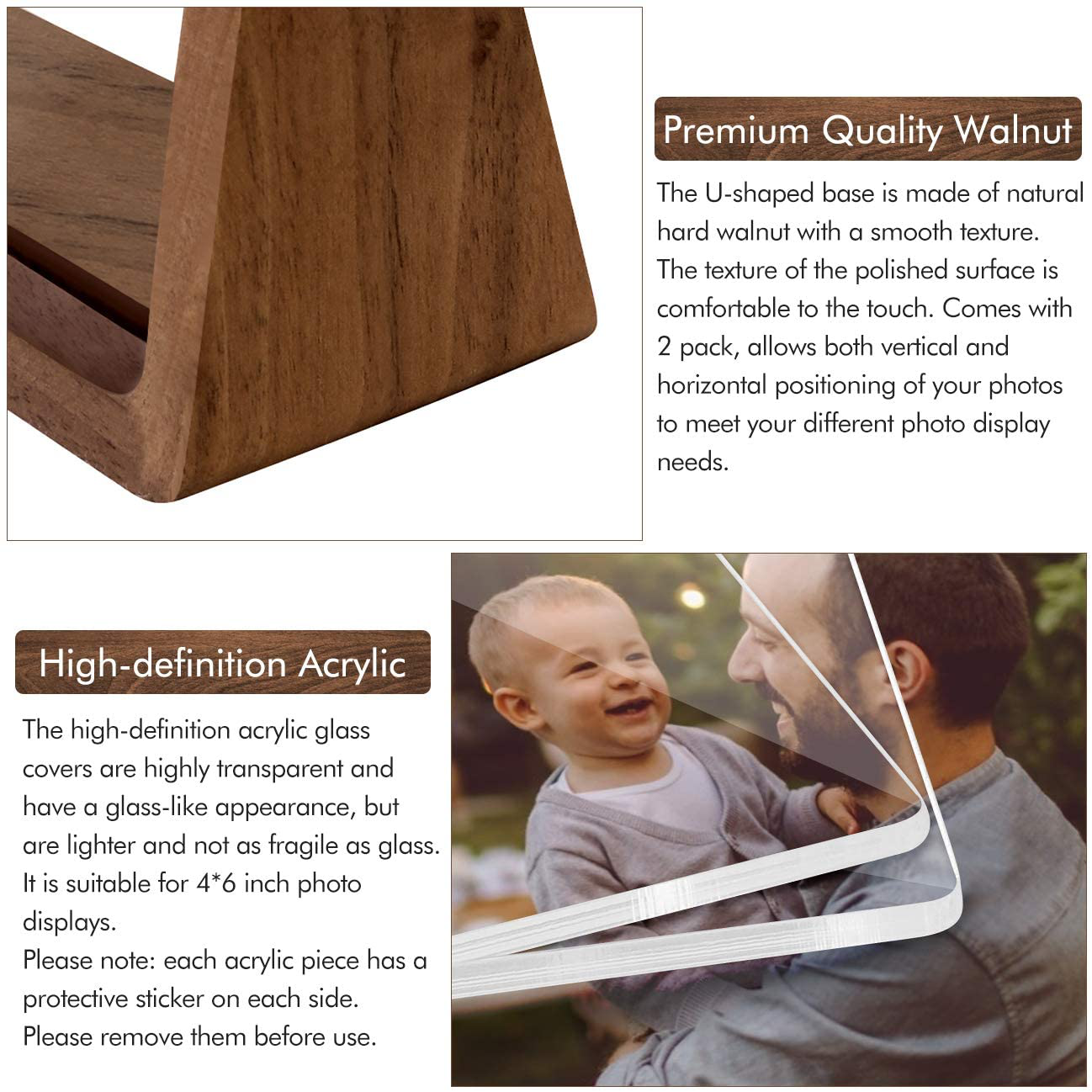 Avelena | Mixoo Bilderhalter 2Er-Pack - Rustikale Holzbildhalter Mit Walnussbasis Und Hochauflösenden Bruchsicheren Acrylglasabdeckungen Für Tisch- Oder Desktopansicht (4X6 Zoll, Horizontal + Vertikal)