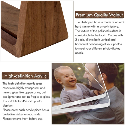 Avelena | Mixoo Bilderhalter 2Er-Pack - Rustikale Holzbildhalter Mit Walnussbasis Und Hochauflösenden Bruchsicheren Acrylglasabdeckungen Für Tisch- Oder Desktopansicht (4X6 Zoll, Horizontal + Vertikal)
