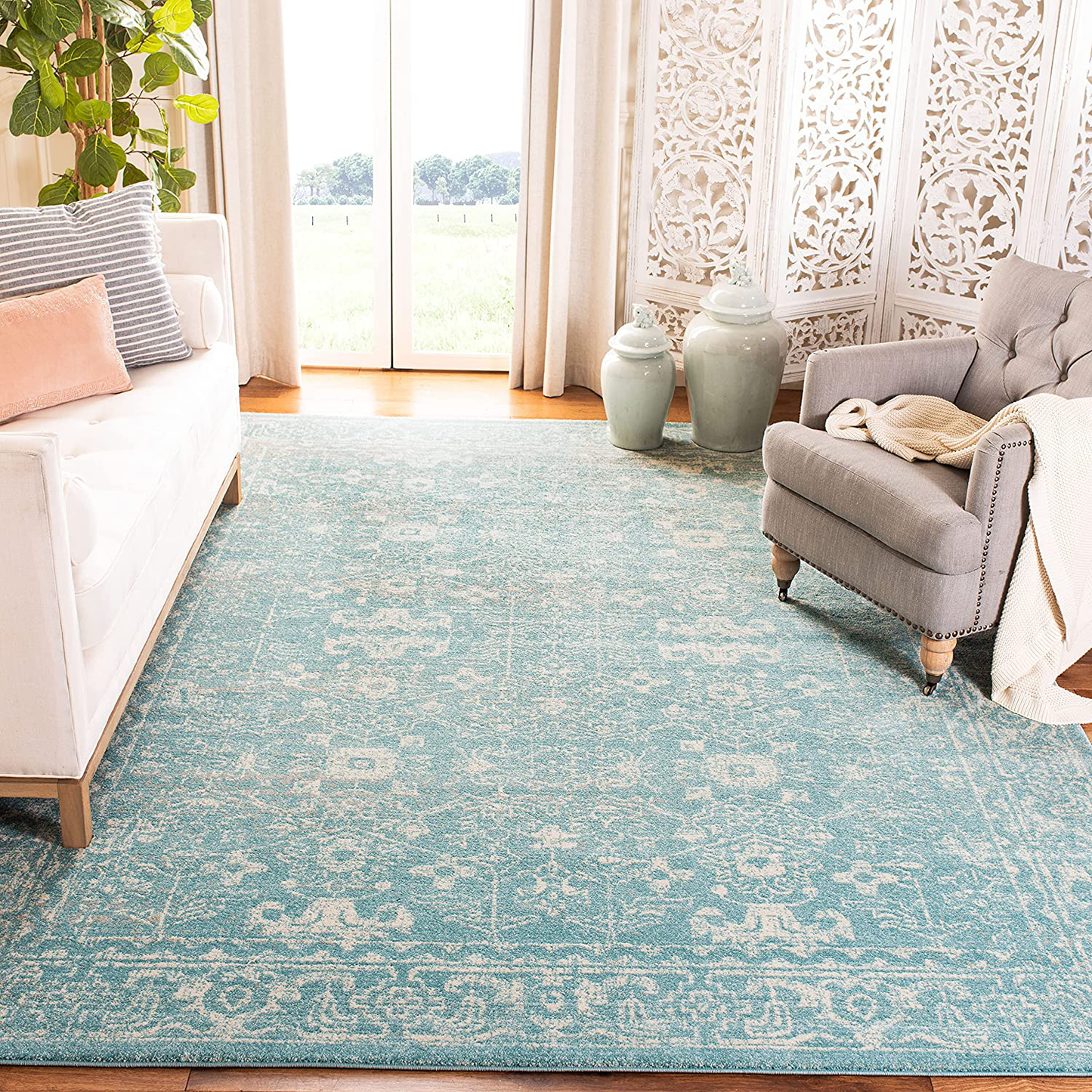 Avelena | Safavieh Evoke Kollektion Evk270D Shabby Chic Abgenutzt Nicht-Shedding Fleckenresistenter Wohn- Und Schlafzimmer Akzentteppich, 2'2" X 4', Helles Blau / Elfenbein
