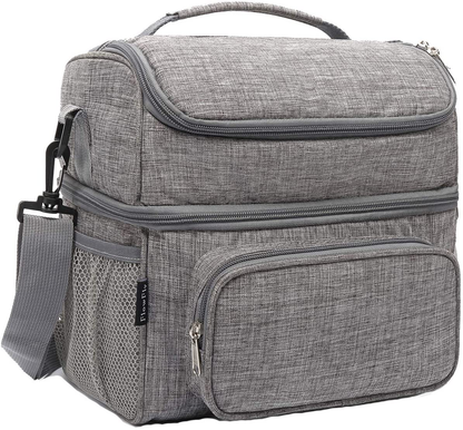 Avelena | Flowfly Doppel Lag Kühler Isolierte Lunch Tasche Erwachsenen Lunchbox Große Tote Bag Für Männer, Frauen, Mit Verstellbarem Schulterriemen, Fronttasche Und Duale Netztaschen An Den Seiten, Grau
