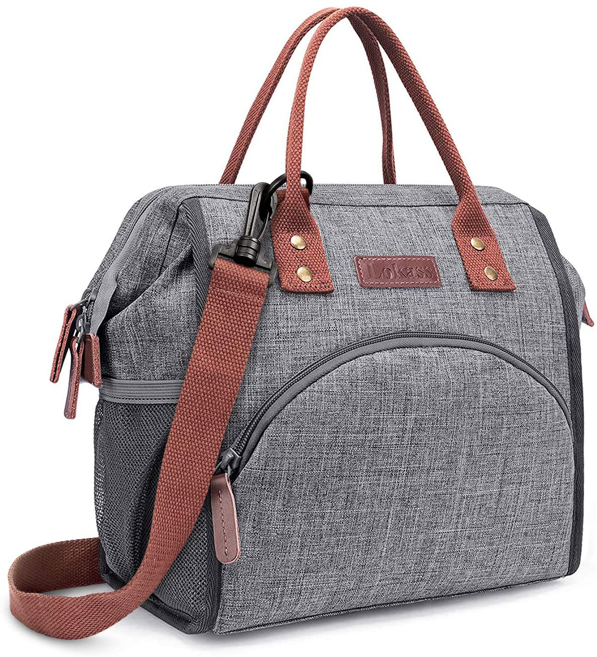 Avelena | Lokass Lunch Tasche Isolierte Lunchbox Breit-Offene Lunch Tote Bag Groß Getränkehalter Robustes Nylon Snacks Organizer Mit Abnehmbaren Schultergurt Für Frauen Männer Erwachsene Arbeit Außen, Grau