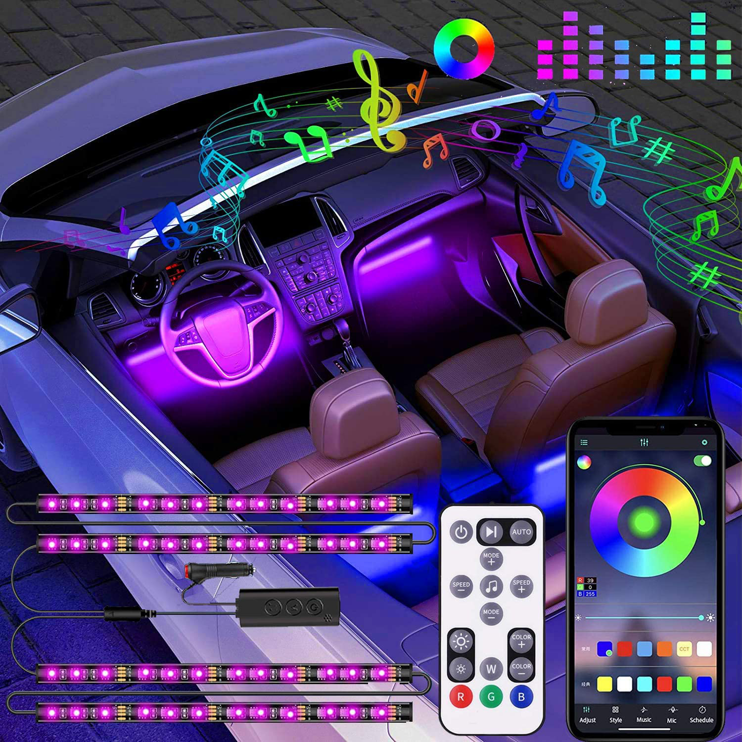 Avelena | Rgb Innenleuchten, 2-In-1 Design 4 Stück 48 Led App Steuerung, Fernbedienung, Musikmodus, Diy-Modus, Szenenmodus, Dc 12V
