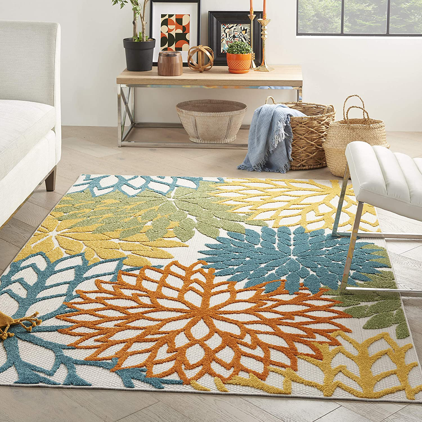 Avelena | Nourison Aloha Indoor/Outdoor Blumen Türkis Bunt 3'6" x 5'6" Teppich, (4' x 6')