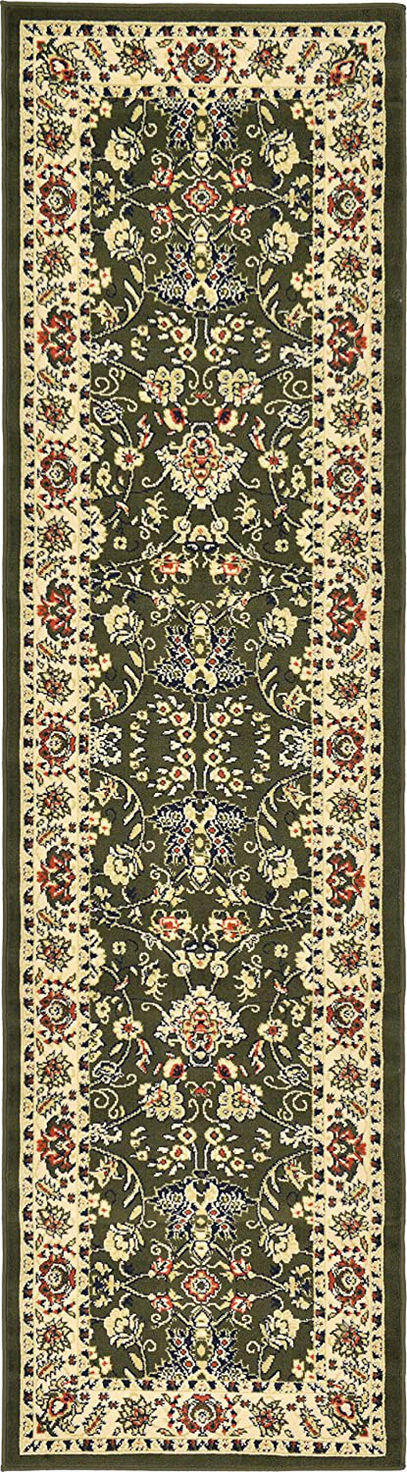 Avelena | Einzigartiger Webstuhl Kashan Traditioneller Blumen Teppich, 2 Fuß 7 Zoll X 10 Fuß, Oliv/Ivory
