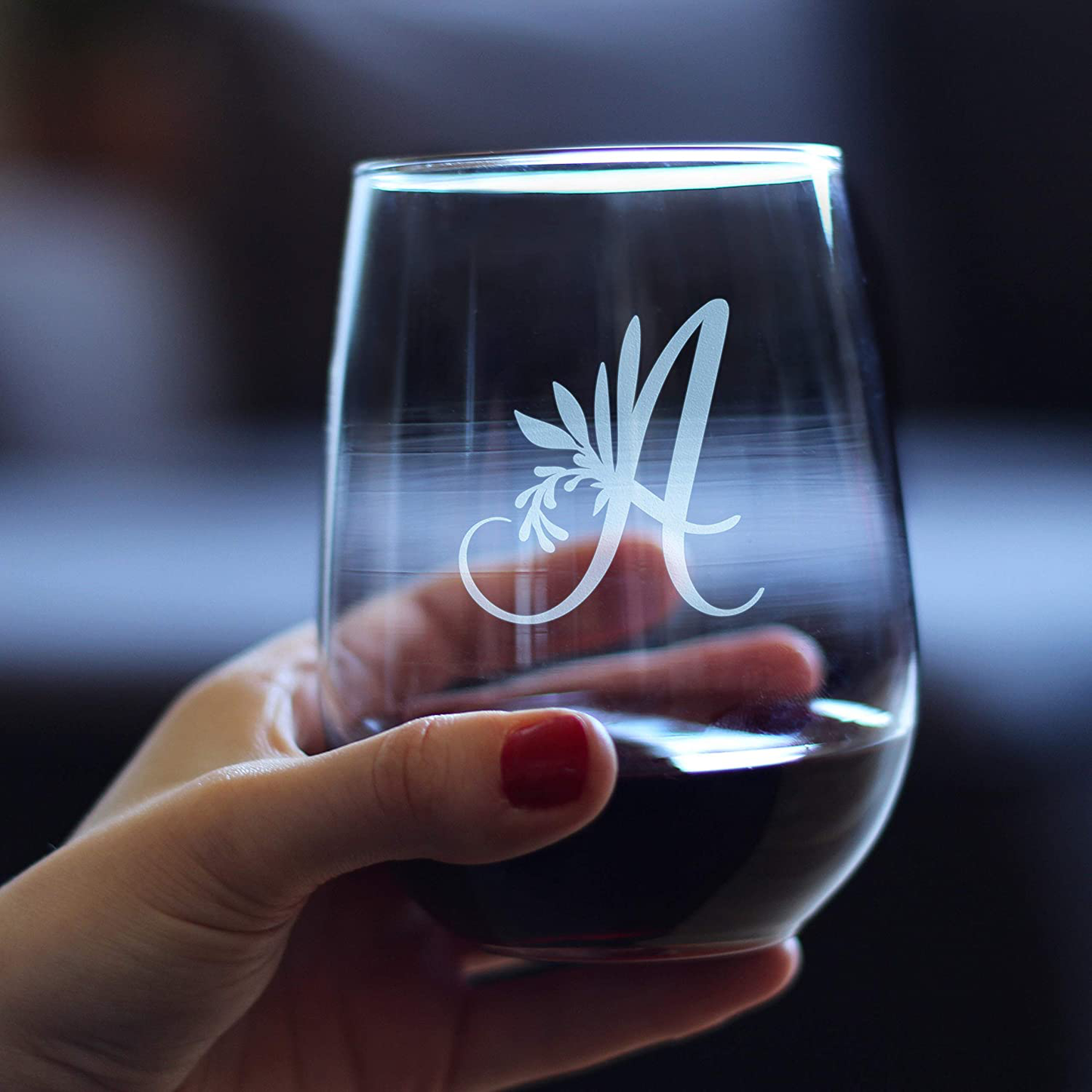 Avelena | Monogramm Floral Letter A - Ohne Stiel Weinglas - Personalisierte Geschenke für Frauen und Männer - Großes graviertes Glas