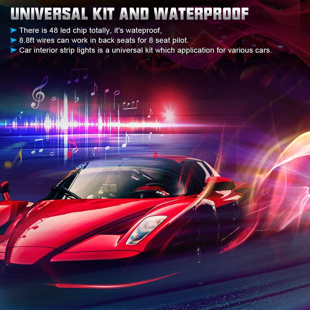 Avelena | Sunpie Auto-Innenraum Licht, Auto-Streifen Licht Mit App Und Fernbedienung Wasserdichte Led Atmosphäre Auto Licht Kommt Mit 48 Led Chips 8,8Ft Länge Innenlicht Mit Dc 12V Auto-Ladegerät Synchronisieren Mit Musik