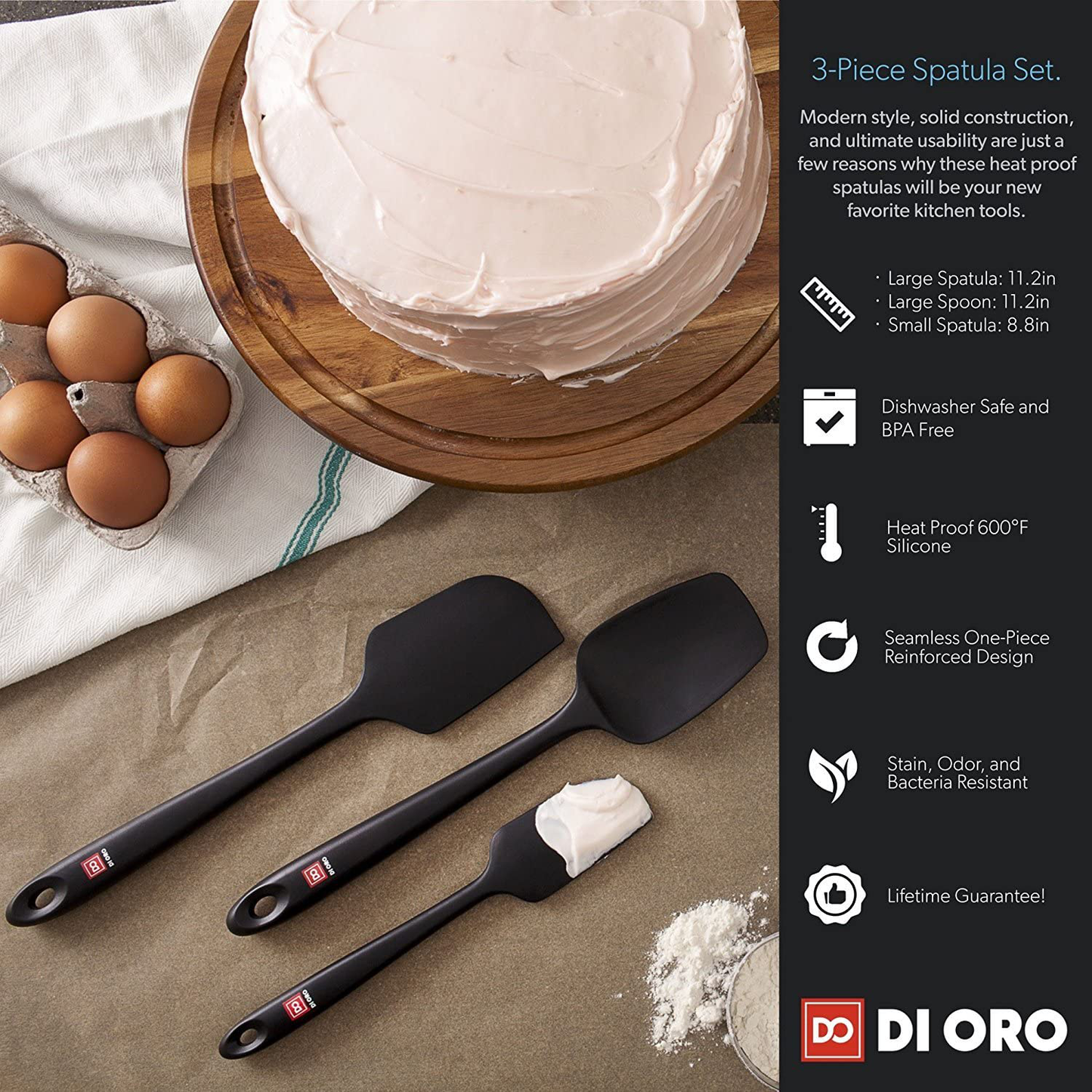 Avelena | Di Oro Nahtlos Serie 3-Teilig Silikon Schöpfset - 600°F Hitzebeständig Antihaft Gummi Küchenpalette Für Kochen, Backen Und Mischen – Bpa-Frei Und Lfgb-Zertifiziert Silikon (Schwarz)