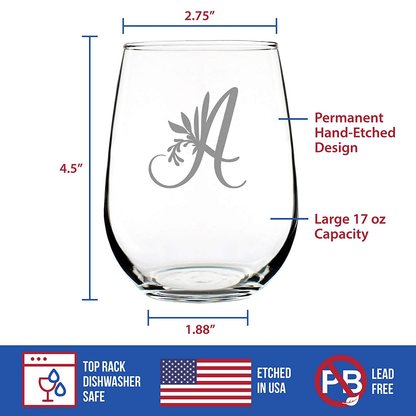 Avelena | Monogramm Floral Letter A - Ohne Stiel Weinglas - Personalisierte Geschenke für Frauen und Männer - Großes graviertes Glas