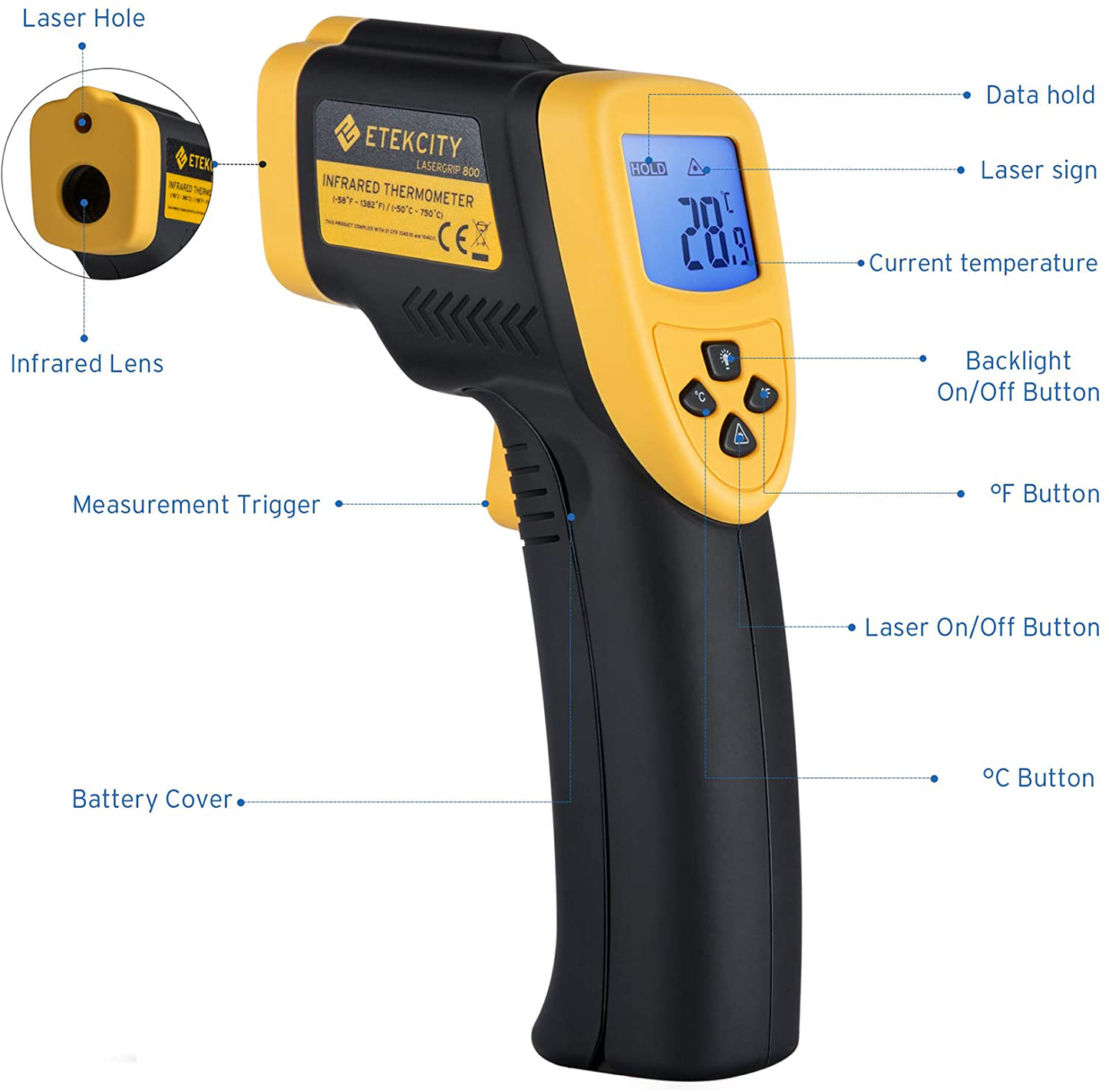 Avelena | Etekcity Infrarotthermometer 800 (Nicht Für Menschen) Kontaktloser Digitaler Temperaturpistole, 16:1 Dts Verhältnis, 58℉ Bis 1382℉ (-50℃ Bis 750℃), Gelb Und Schwarz
