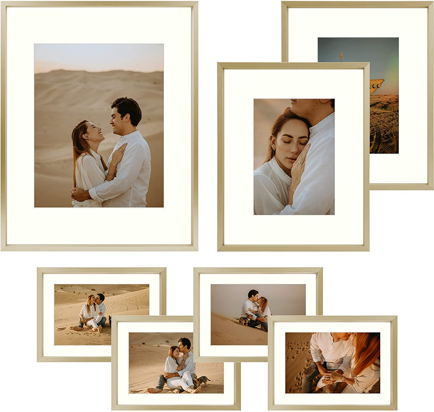Avelena | Frametory, Aluminium Bilderrahmen Set Von 7 - Rose Gold Galerie Wandkit - Zeigt Ein 11X14, Zwei 8X10 Und Vier 5X7 Zoll Bilder Für Wohnkultur