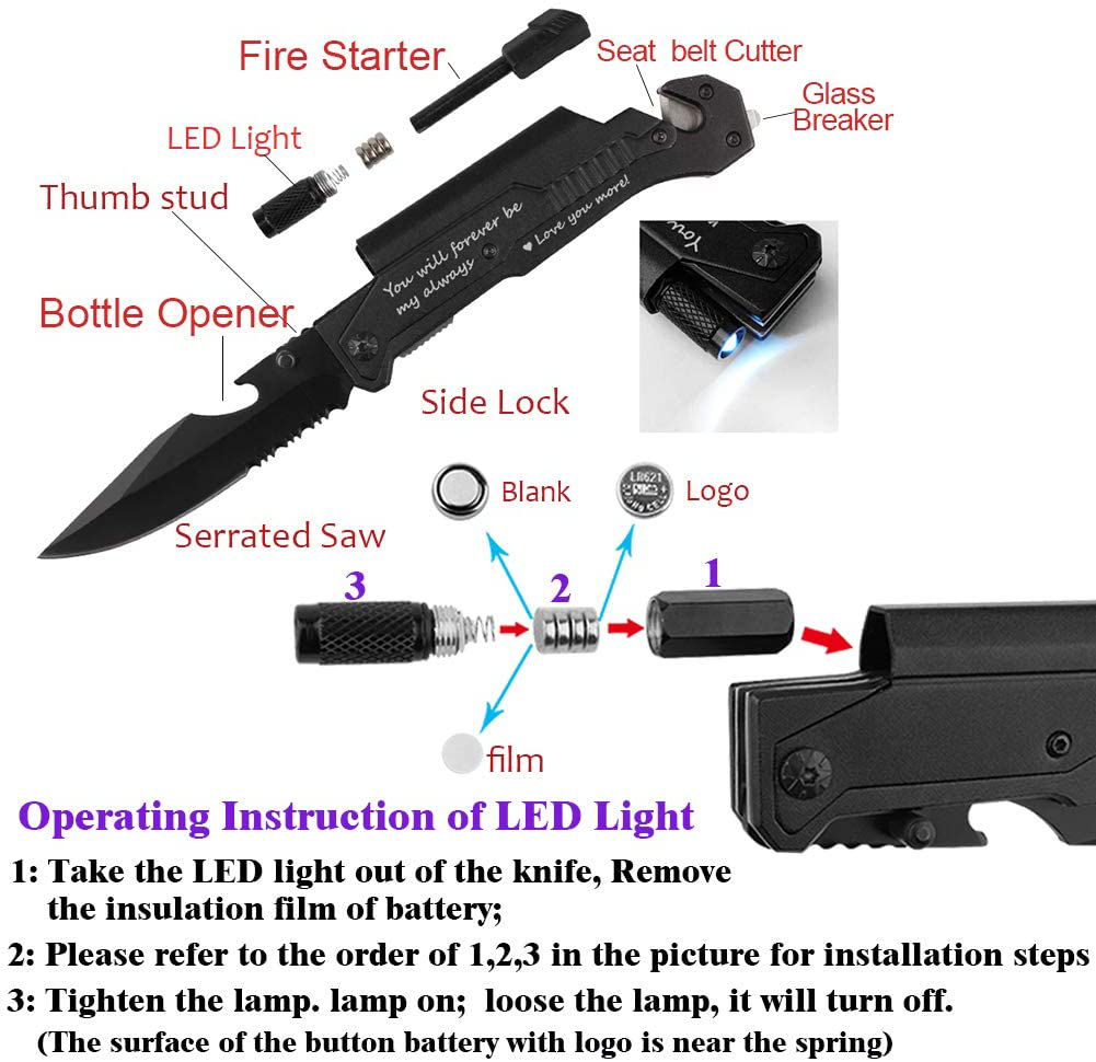 Avelena | Graviertes Jagdmesser, Ich liebe dich mehr, Taschenmesser für Männer mit 6 Funktionen, LED-Licht, Feuerstarter, Flaschenöffner, Gürtelmesser, Glasbrecher, Herren Taschenmesser