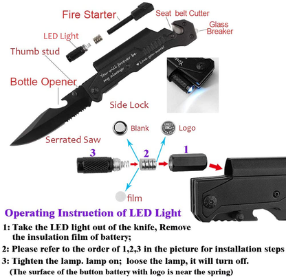 Avelena | Graviertes Jagdmesser, Ich liebe dich mehr, Taschenmesser für Männer mit 6 Funktionen, LED-Licht, Feuerstarter, Flaschenöffner, Gürtelmesser, Glasbrecher, Herren Taschenmesser