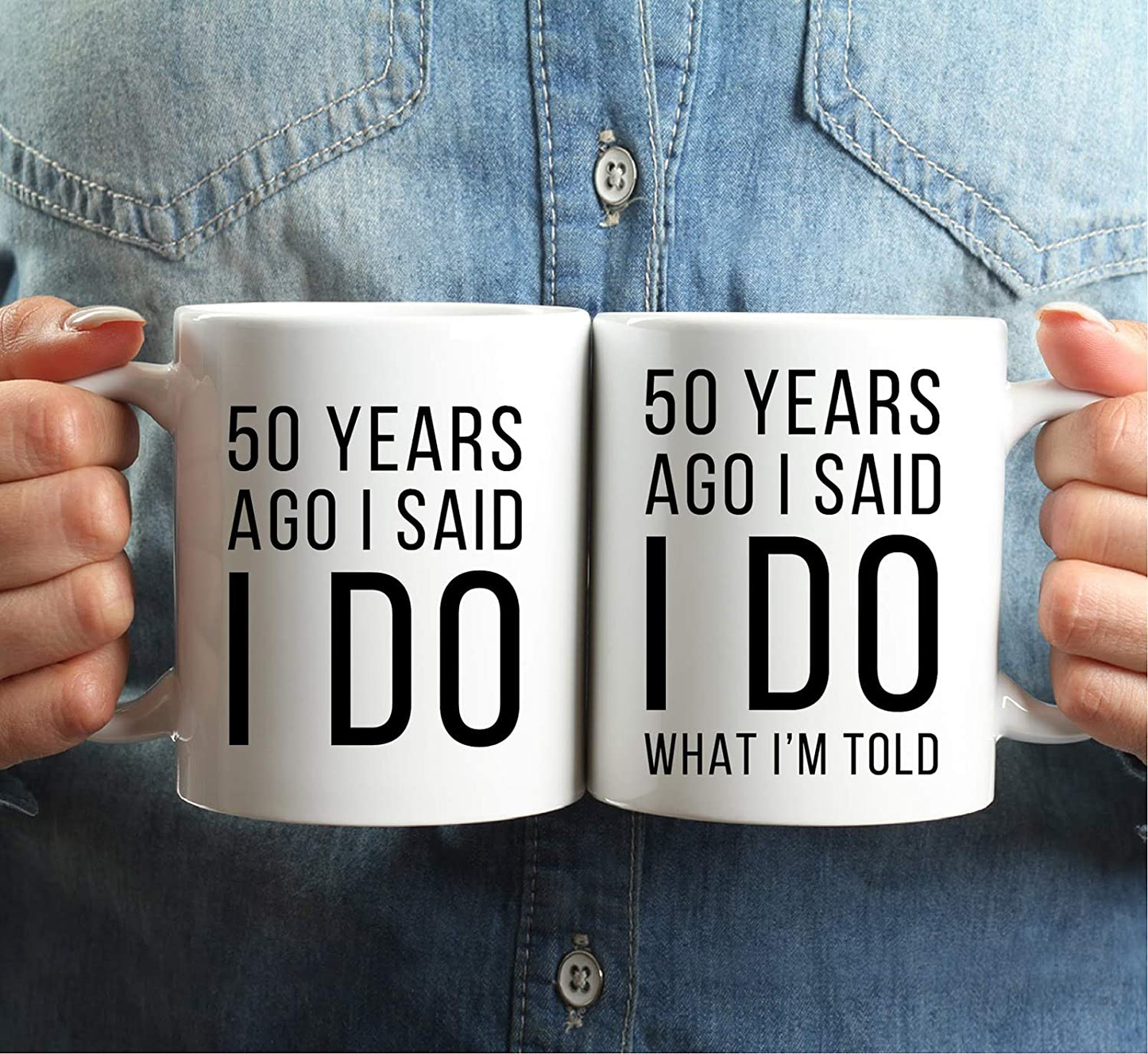 Avelena | Andaz Press Lustige 50. Hochzeitsjubiläum 11oz. Paar Kaffeetasse Gag Geschenk, Für vor 50 Jahren habe ich Ja gesagt, Ich habe Ja gesagt zu dem, was mir aufgetragen wurde, 2er-Pack mit Geschenkbox für Ehemann Ehefrau Eltern