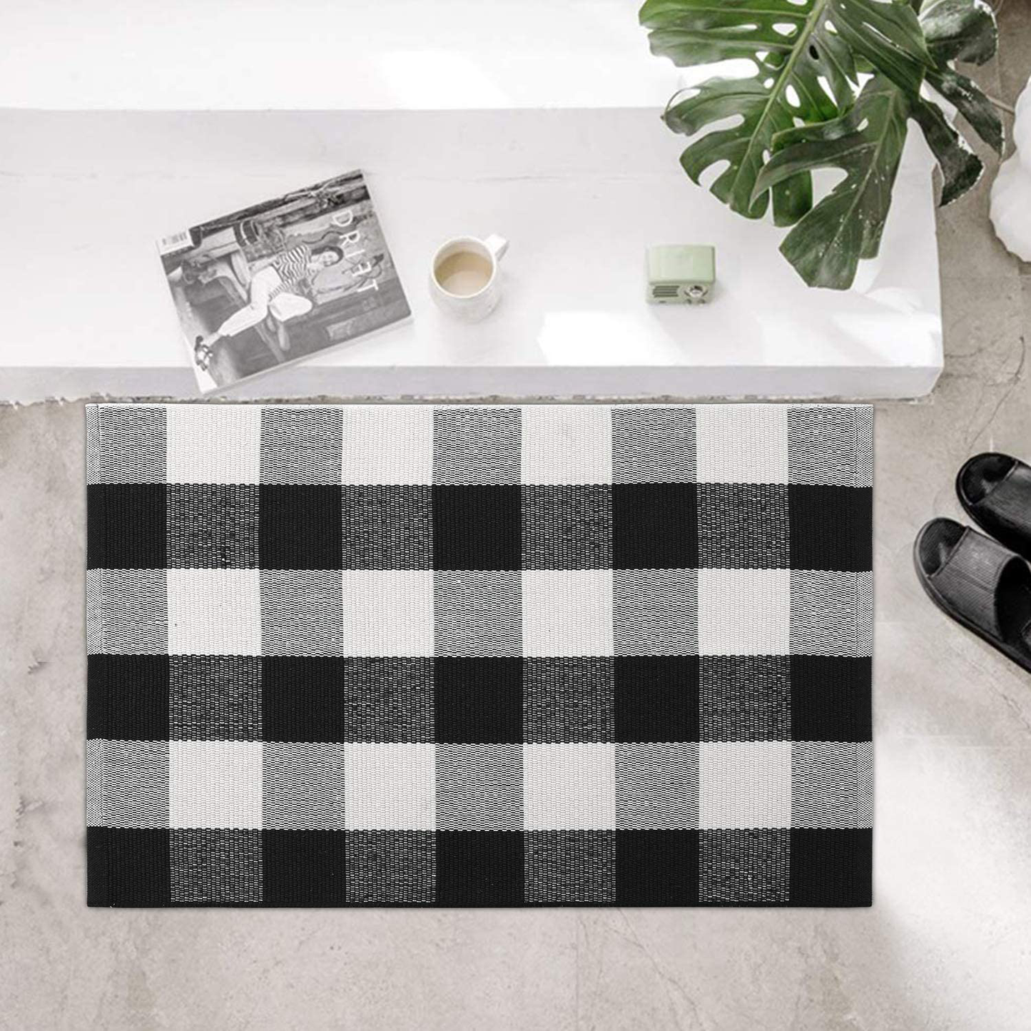 Avelena | Buffalo Check Outdoor Area Runner Fußmatte 24'' x 51'', KIMODE Schwarz/Weiß Baumwollgewebte Karomuster Bauernhaus Außenmatten, Waschbare Innenfußmatte für Front-Lay Küchen Badezimmer Wäschereien