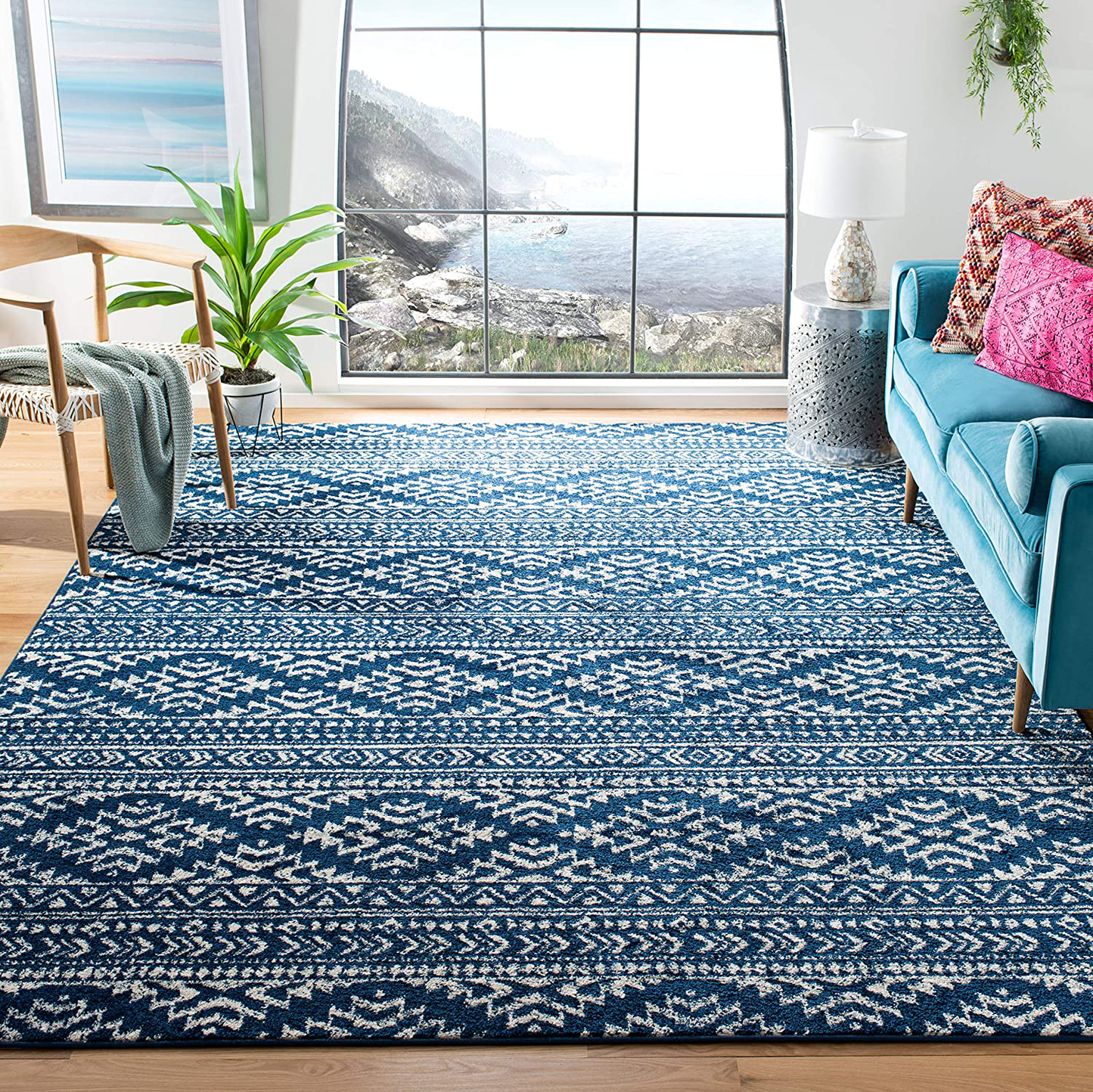 Avelena | Safavieh Tulum Kollektion Tul272N Marokkanisches Boho Tribal Nicht-Fusselnd Wohn- Schlafzimmer Teppich, 5' X 5' Quadrat, Marineblau / Elfenbein