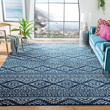 Avelena | Safavieh Tulum Kollektion Tul272N Marokkanisches Boho Tribal Nicht-Fusselnd Wohn- Schlafzimmer Teppich, 5' X 5' Quadrat, Marineblau / Elfenbein
