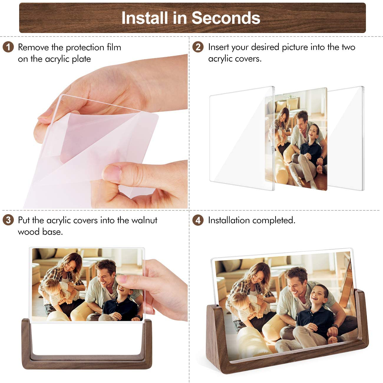 Avelena | Mixoo Bilderhalter 2Er-Pack - Rustikale Holzbildhalter Mit Walnussbasis Und Hochauflösenden Bruchsicheren Acrylglasabdeckungen Für Tisch- Oder Desktopansicht (4X6 Zoll, Horizontal + Vertikal)