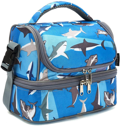 Avelena | Flowfly Kids Doppel Decker Kühler Isolierte Lunchbag Lunchbox Große Tasche Für Jungen, Mädchen, Mit Verstellbarem Gurt, Hai