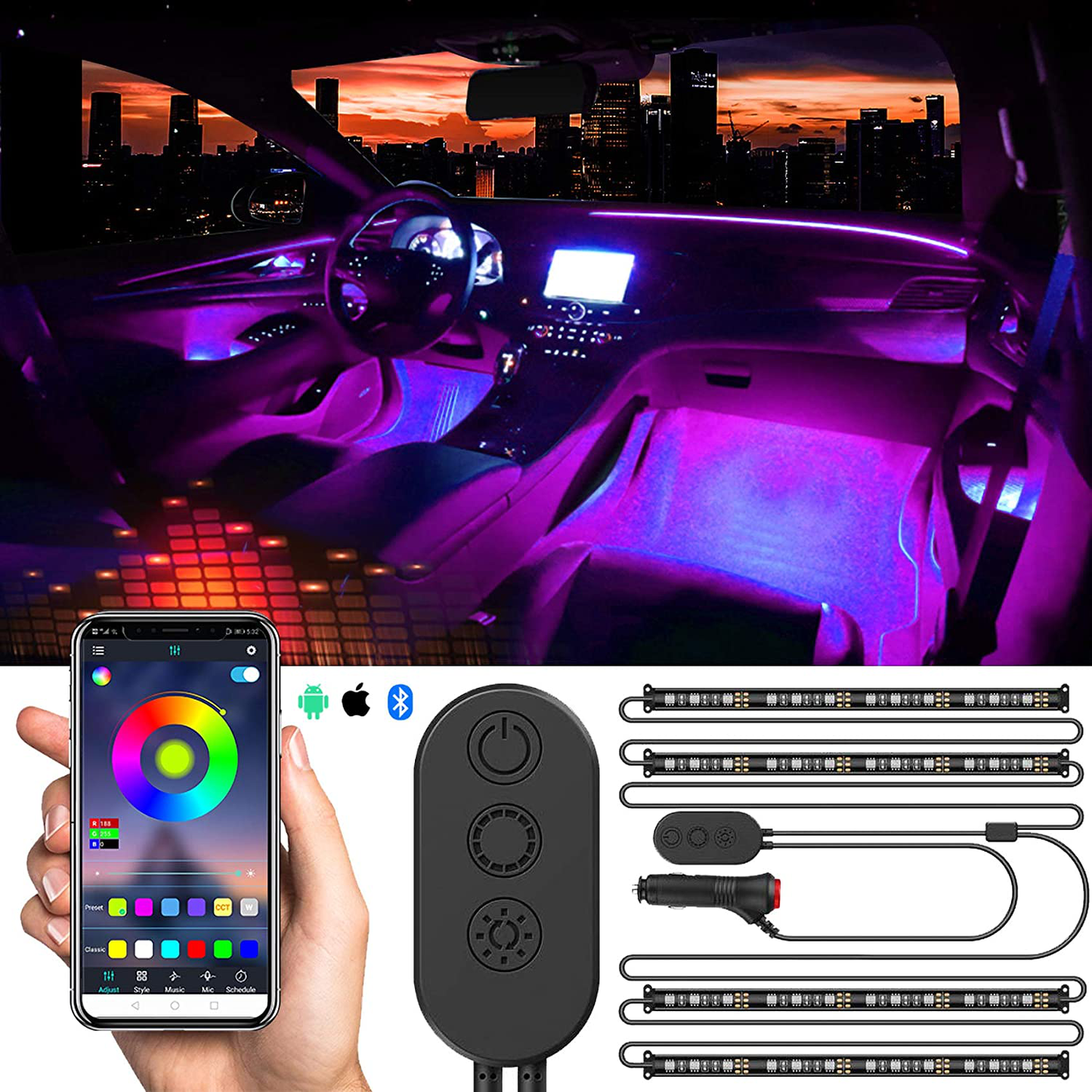 Avelena | Sunpie Auto-Innenraum Licht, Auto-Streifen Licht Mit App Und Fernbedienung Wasserdichte Led Atmosphäre Auto Licht Kommt Mit 48 Led Chips 8,8Ft Länge Innenlicht Mit Dc 12V Auto-Ladegerät Synchronisieren Mit Musik