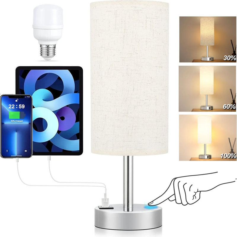 Avelena | 3 Wege Dimmbar Touchlampe, Usb C&A Schnellladeanschlüsse
