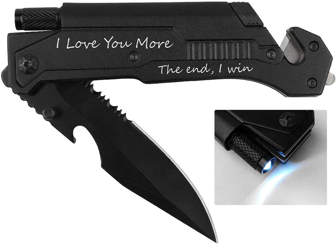 Avelena | Graviertes Jagdmesser, Ich liebe dich mehr, Taschenmesser für Männer mit 6 Funktionen, LED-Licht, Feuerstarter, Flaschenöffner, Gürtelmesser, Glasbrecher, Herren Taschenmesser