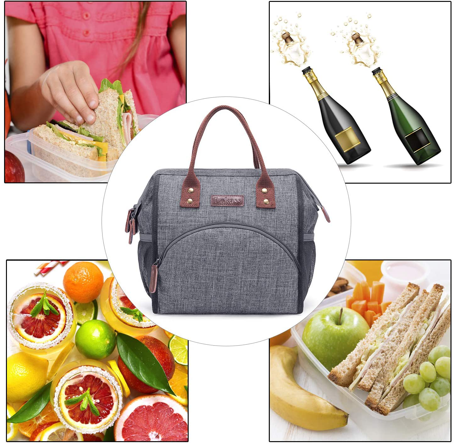 Avelena | Lokass Lunch Tasche Isolierte Lunchbox Breit-Offene Lunch Tote Bag Groß Getränkehalter Robustes Nylon Snacks Organizer Mit Abnehmbaren Schultergurt Für Frauen Männer Erwachsene Arbeit Außen, Grau