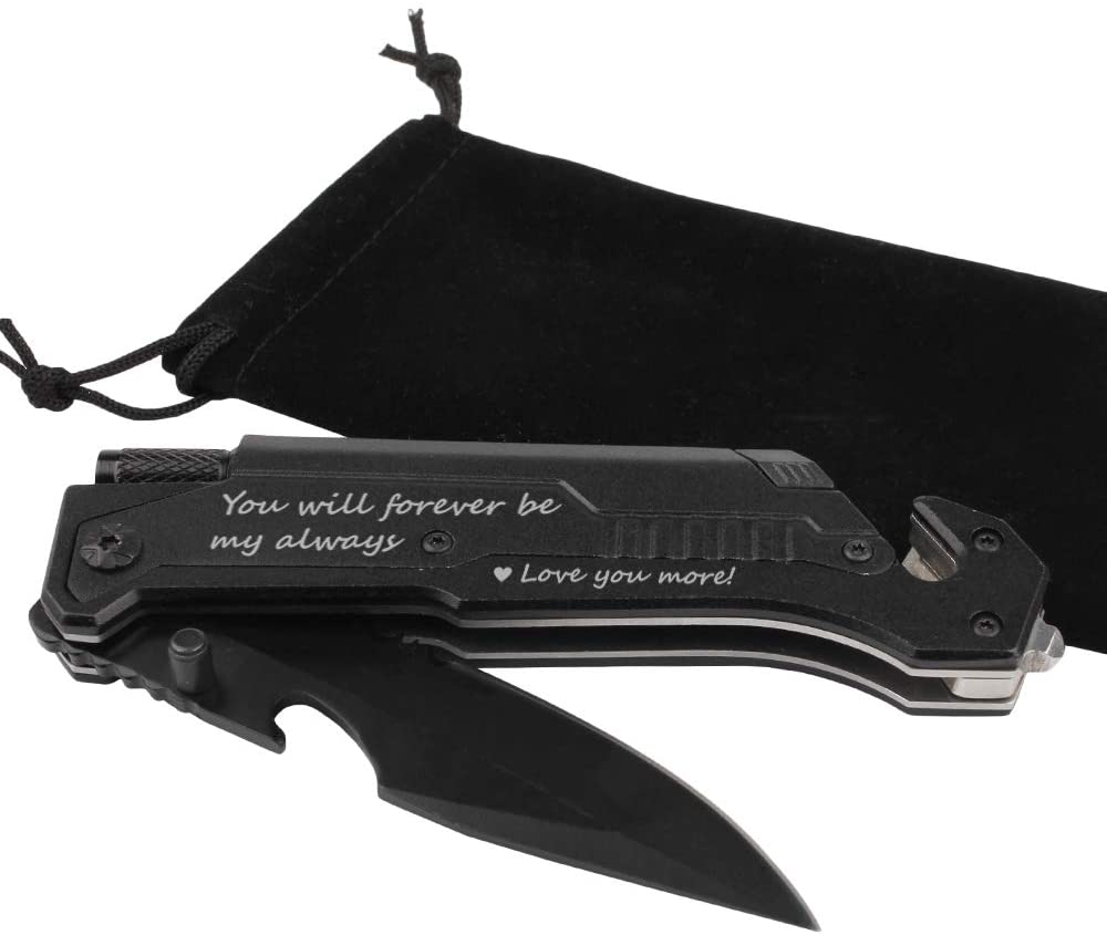 Avelena | Graviertes Jagdmesser, Ich liebe dich mehr, Taschenmesser für Männer mit 6 Funktionen, LED-Licht, Feuerstarter, Flaschenöffner, Gürtelmesser, Glasbrecher, Herren Taschenmesser