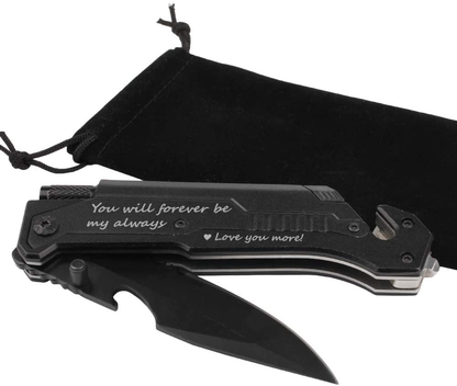 Avelena | Graviertes Jagdmesser, Ich liebe dich mehr, Taschenmesser für Männer mit 6 Funktionen, LED-Licht, Feuerstarter, Flaschenöffner, Gürtelmesser, Glasbrecher, Herren Taschenmesser