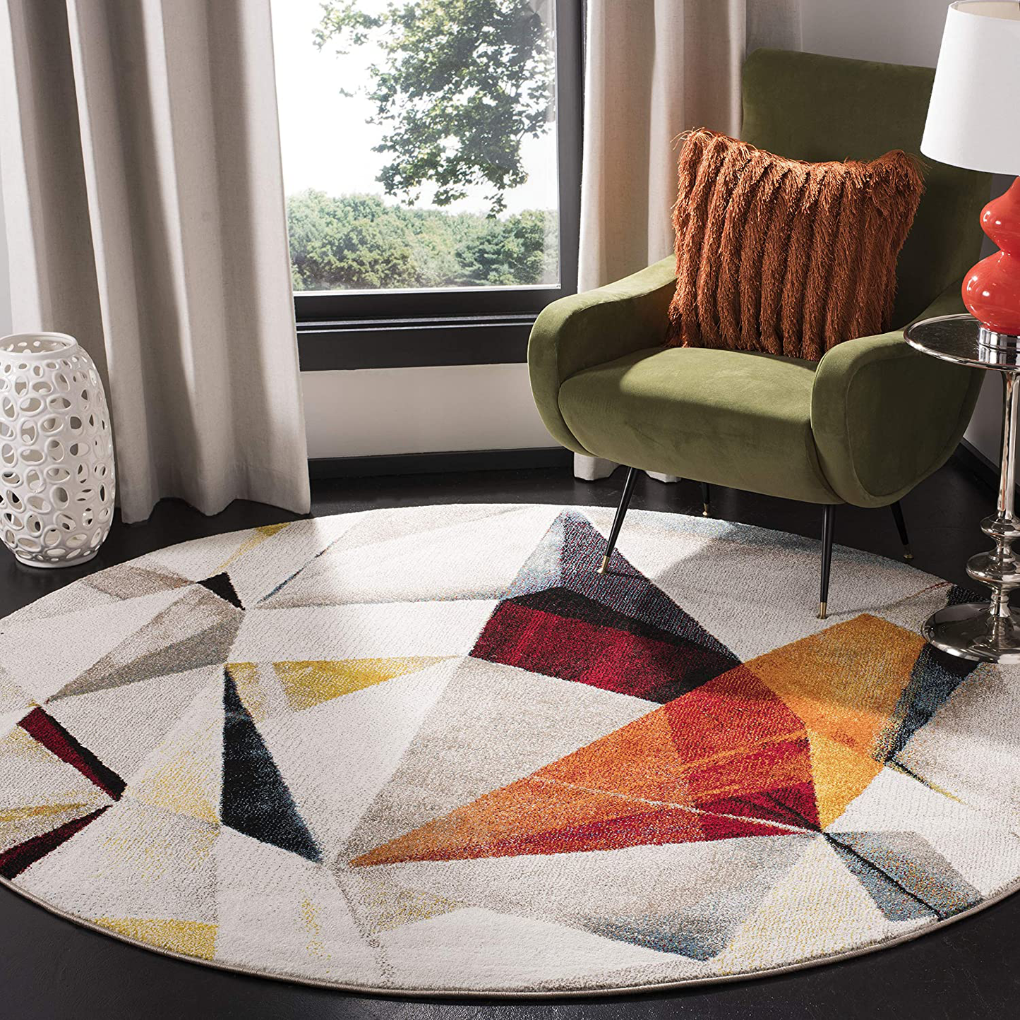 Avelena | Safavieh Porcello Kollektion Prl6940f Modern Abstrakt Nicht-Shedding Fleckenresistent Wohnzimmer Schlafzimmer Teppich 4' X 4' Rund Hellgrau/Orange