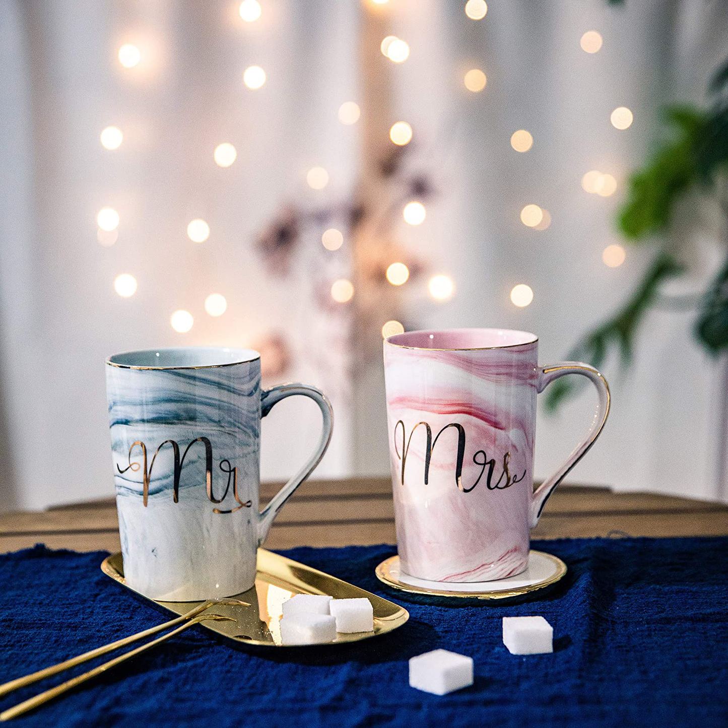 Avelena | Jumway Mr und Mrs Kaffeetassen - Hochzeitsgeschenke für Braut und Bräutigam - Geschenke für Brautparty Verlobung Hochzeit und Geschenke für Paar Jubiläum - Keramik-Marmortassen 14 Oz Pink