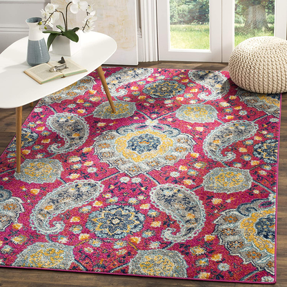 Avelena | Safavieh Madison Collection MAD600A Boho Chic Glam Paisley Non-Shedding Fleckenresistent Wohnzimmer Schlafzimmer Teppich, 3' x 5', Fuchsia / Gold