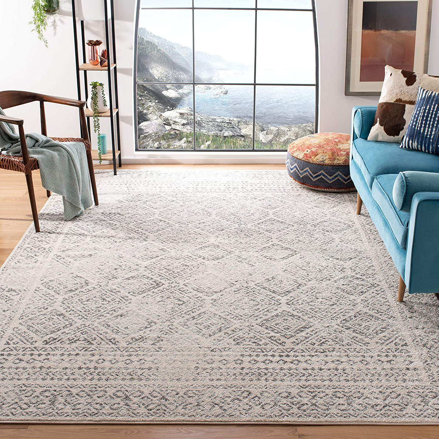 Avelena | Safavieh Tulum Collection Tul264A Marokkanisches Boho Abgenutzt Nicht-Fallendes Wohnzimmer Schlafzimmer Bereich Teppich, 5' X 5' Fransen, Elfenbein / Grau