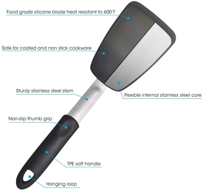 Avelena | Unicook 2er-Pack Flexible Silikonspachtel, Wender, 600F Hitzebeständig, Ideal zum Wenden von Eiern, Burgern, Crêpes und mehr, Schwarz