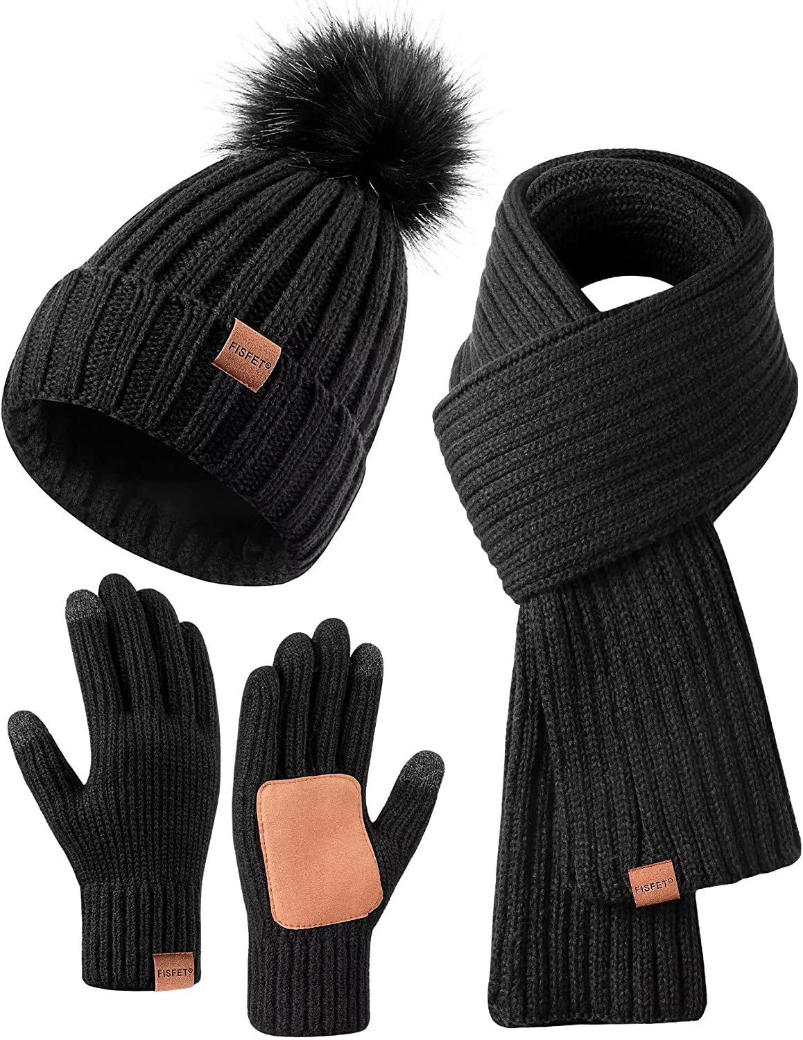 Avelena | Damen Mütze mit Pom Pom Lange Schal Nackenwärmer Touchscreen-Handschuhe 3 In 1 Set