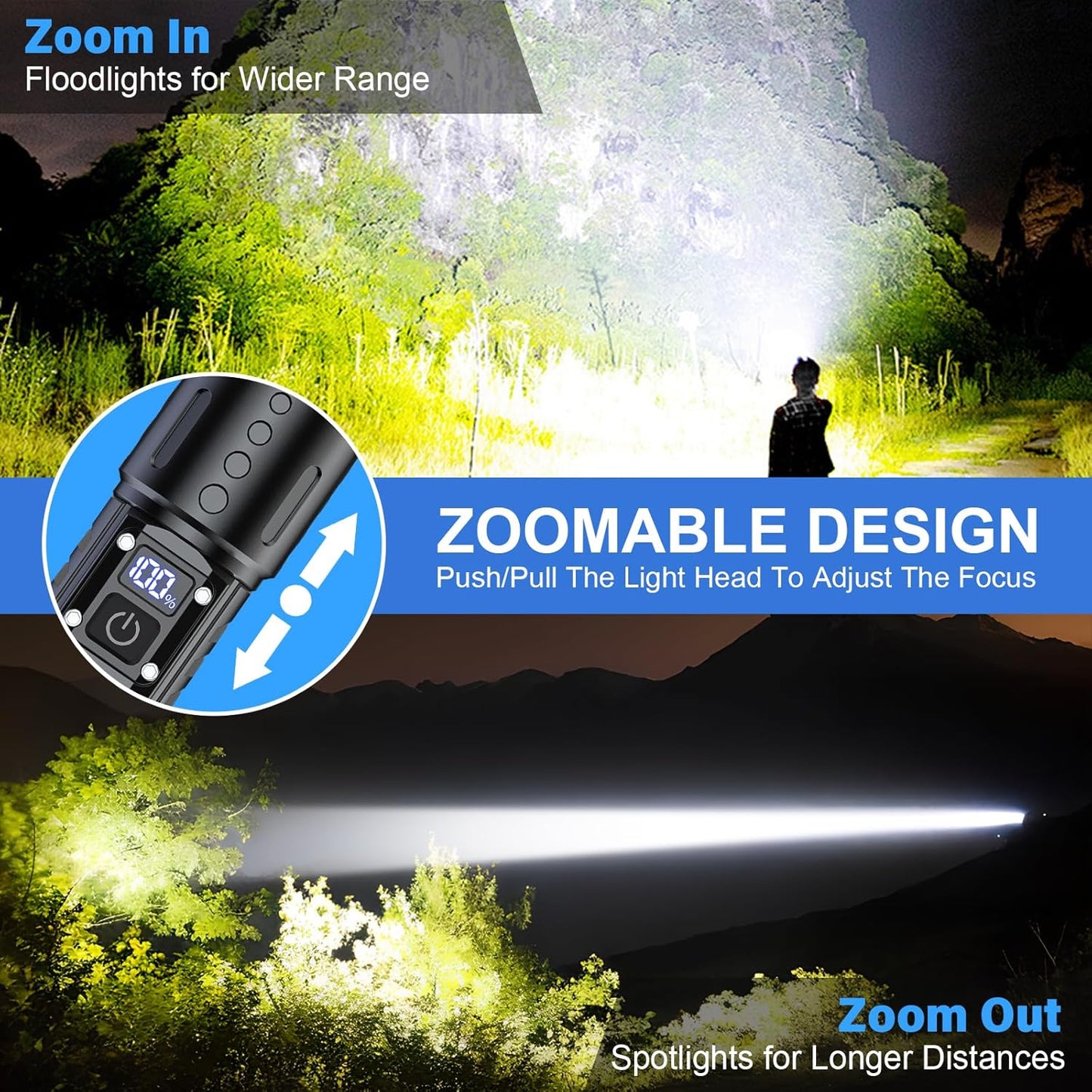 Avelena | 100.000 Lumen wiederaufladbare LED-Taschenlampe | Wasserdicht, stoßfest & ideal für Wandern, Notfälle & Stromausfälle