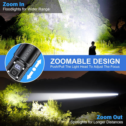 Avelena | 100.000 Lumen wiederaufladbare LED-Taschenlampe | Wasserdicht, stoßfest & ideal für Wandern, Notfälle & Stromausfälle