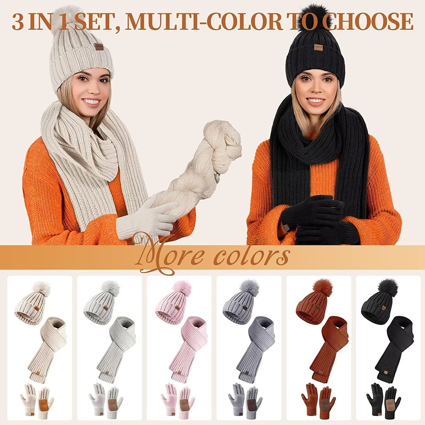 Avelena | Damen Mütze mit Pom Pom Lange Schal Nackenwärmer Touchscreen-Handschuhe 3 In 1 Set