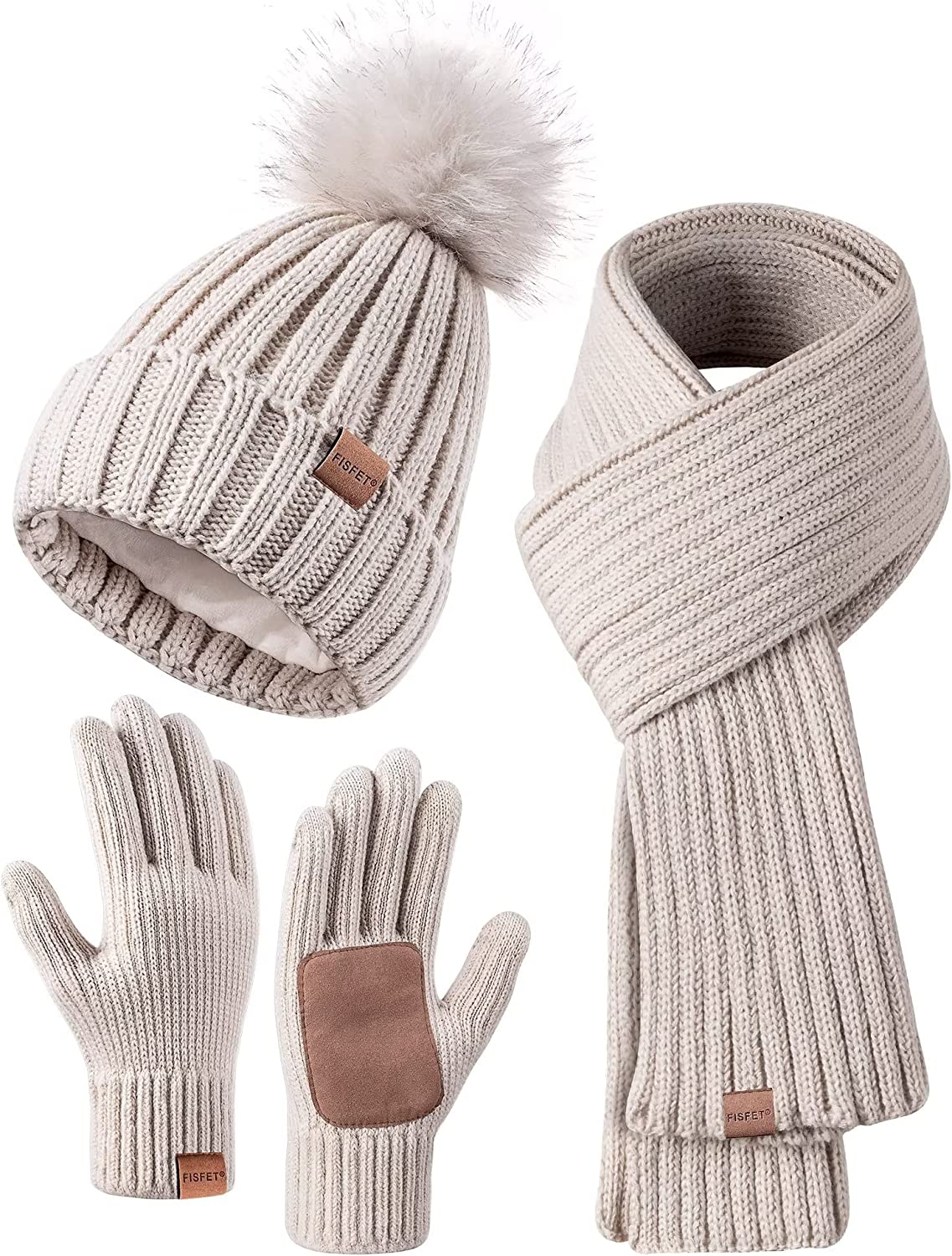 Avelena | Damen Mütze mit Pom Pom Lange Schal Nackenwärmer Touchscreen-Handschuhe 3 In 1 Set