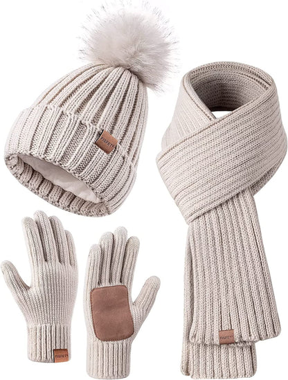 Avelena | Damen Mütze mit Pom Pom Lange Schal Nackenwärmer Touchscreen-Handschuhe 3 In 1 Set