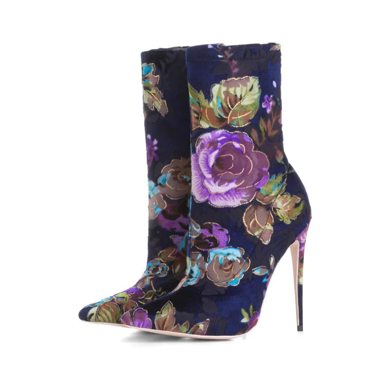 Blumenblaue Stiefeletten mit Stiletto-Absatz