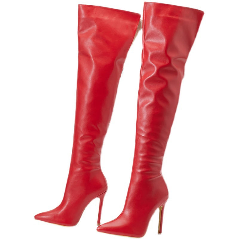 Rote Overknee-Stiefel aus Leder